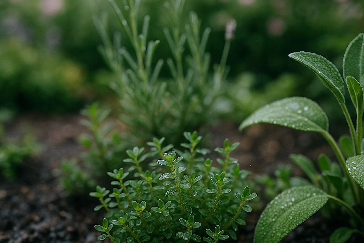 Regennasser Kräutergarten mit Thymian und Salbei im Vordergrund, sanfter Sommerregen fällt auf die feuchte Erde – ein natürlicher Moment im Garten nach einem Schauer. Petrichor
